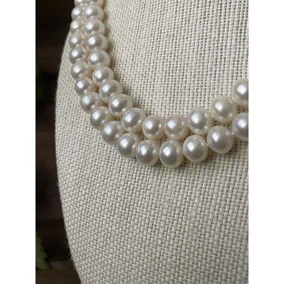 10mm White Pearl Necklace Double Strand - 17” Hand Knotted - Silver Overtone - Picture 5 of 10